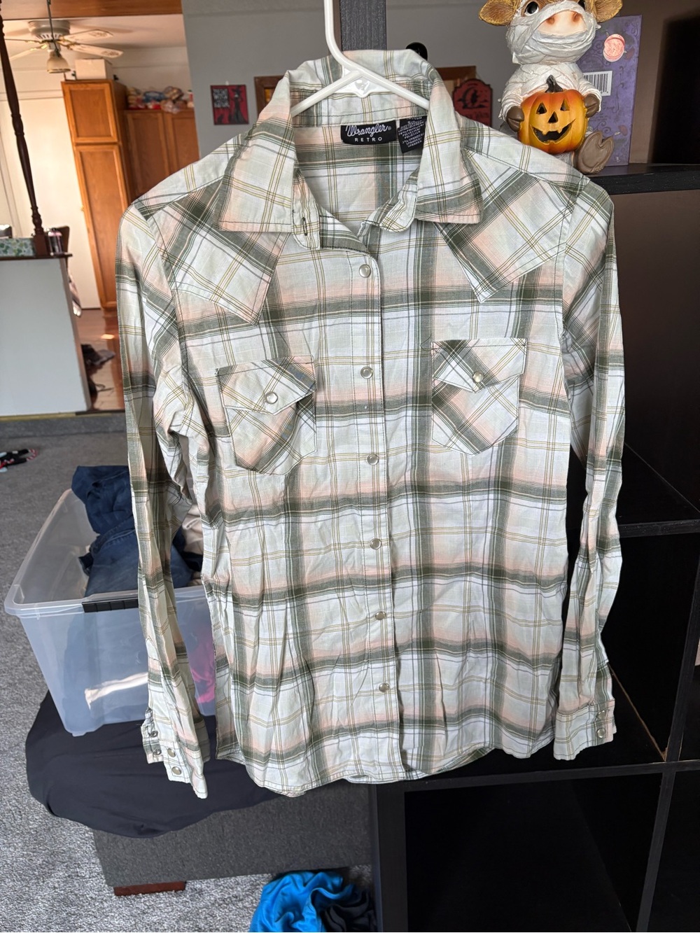 Wrangler Plaid Snap-Front Button Down Shirt in Green and Cream